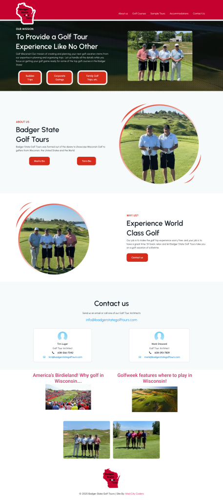 A screenshot of the Badger State Golf Tours website