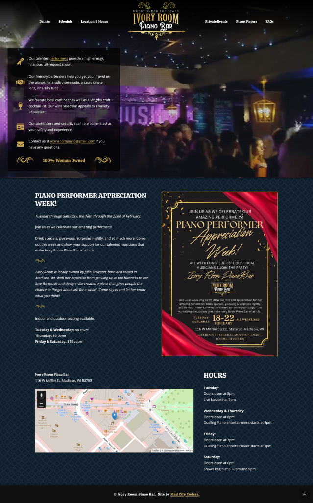 A screenshot of the Ivory Room Piano Bar website