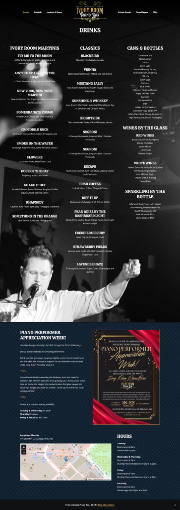 A screenshot of the Ivory Room Piano Bar website